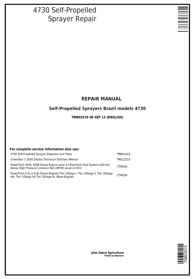 TM802519 John Deere 4730 Self-Propelled Sprayer Repair Manual
