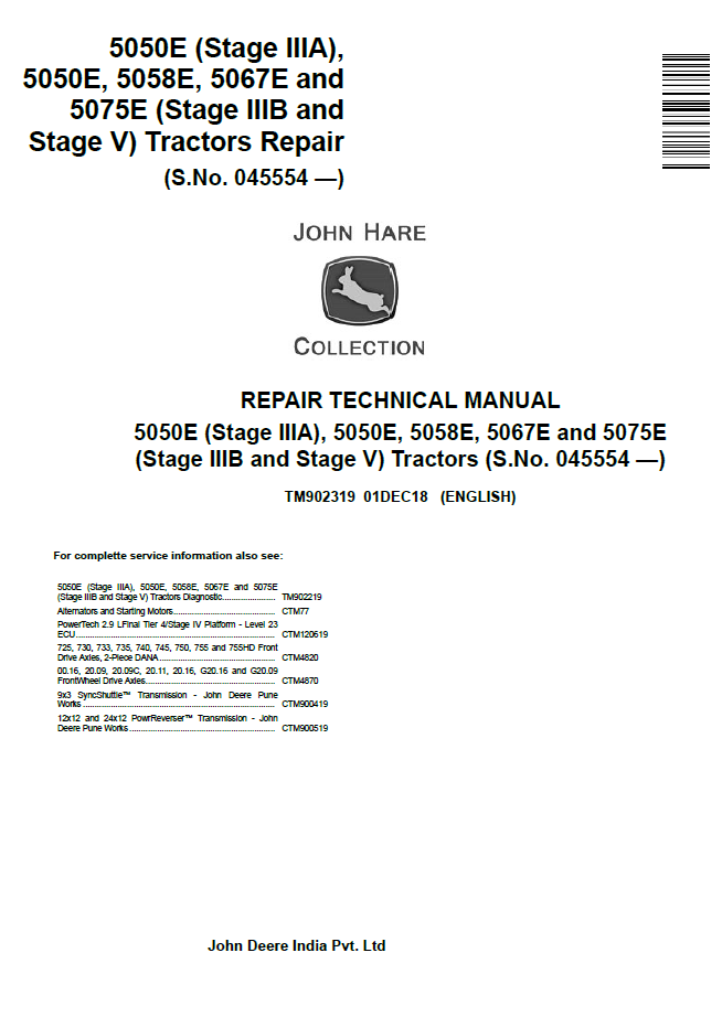 TM902319 John Deere 5050E 5058E 5067E 5075E Tractor Repair Manual