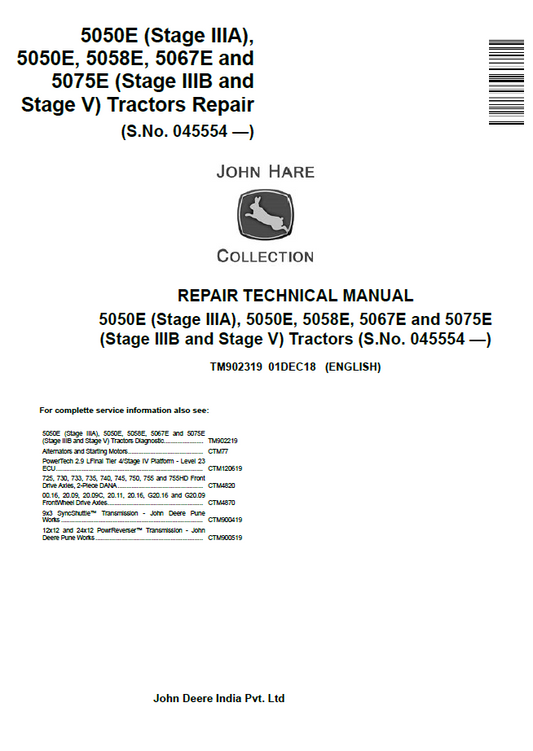 TM902319 John Deere 5050E 5058E 5067E 5075E Tractor Repair Manual