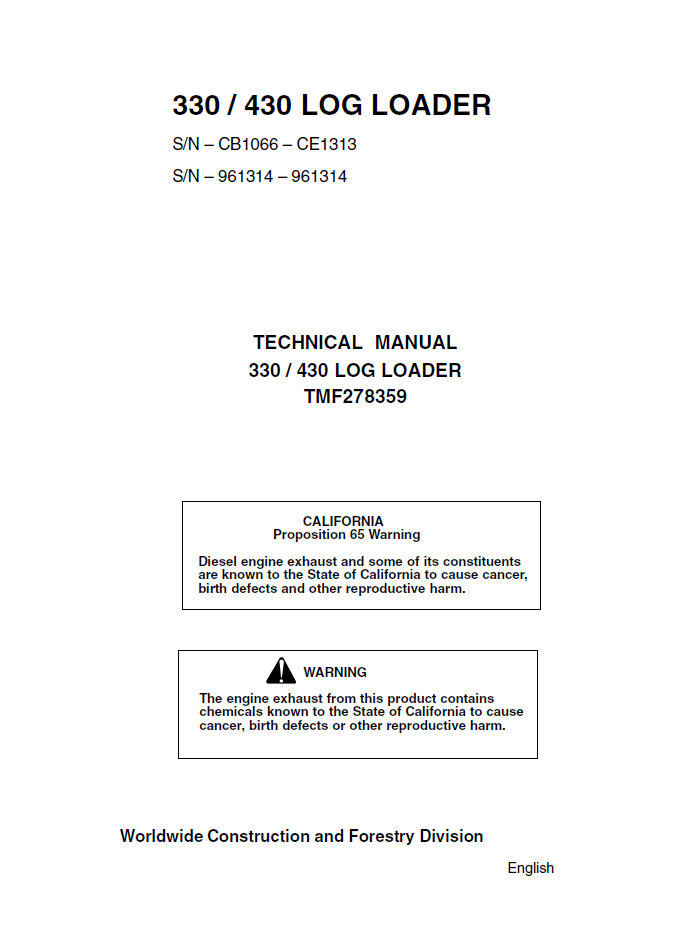 TMF278359 John Deere Timberjack 330 & 430 Log Loader Manual