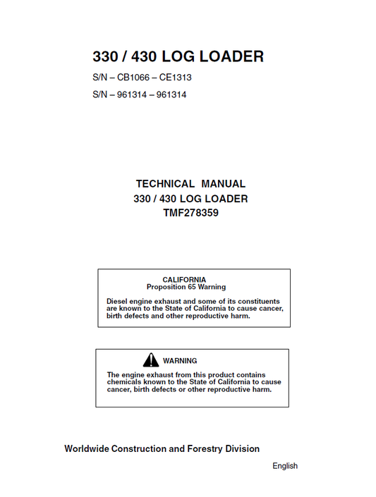 TMF278359 John Deere Timberjack 330 & 430 Log Loader Manual
