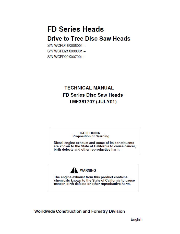 TMF381707 John Deere FD Series Drive to Tree Disc Saw Manual PDF