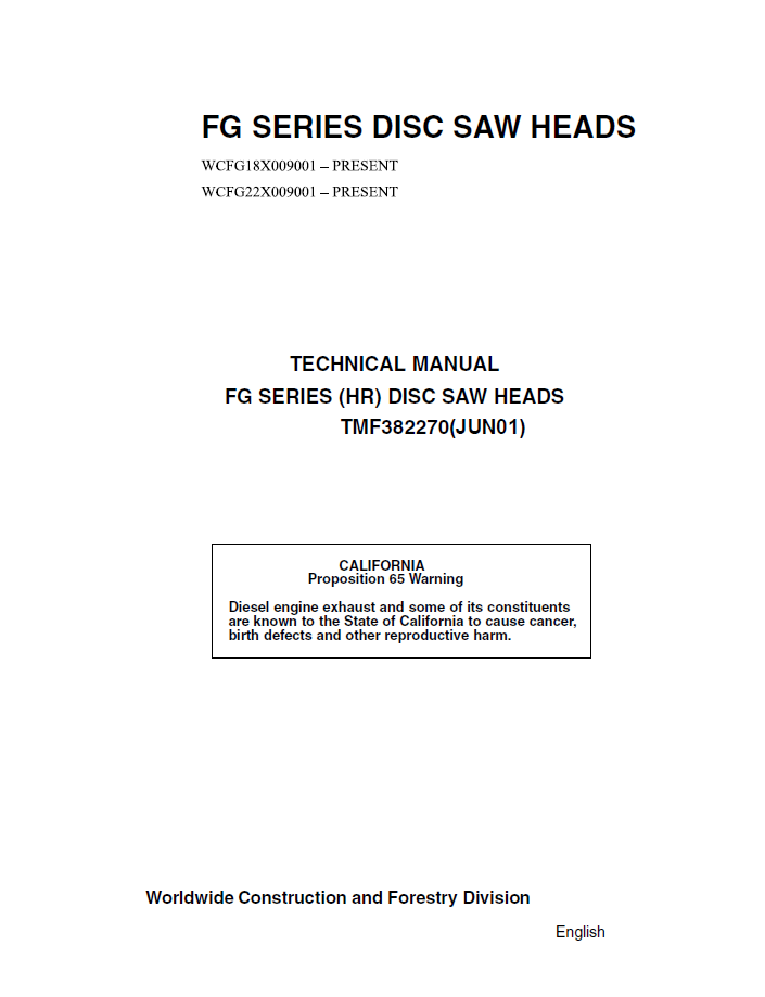 TMF382270 John Deere FG18 FG22 Disc Saw Felling Head Manual PDF