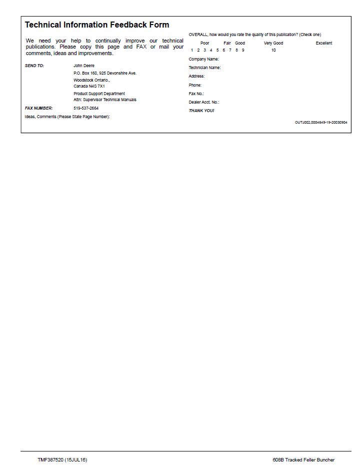 TMF387520 Tracked Feller Buncher Technical Repair Guide (John Deere 608B)