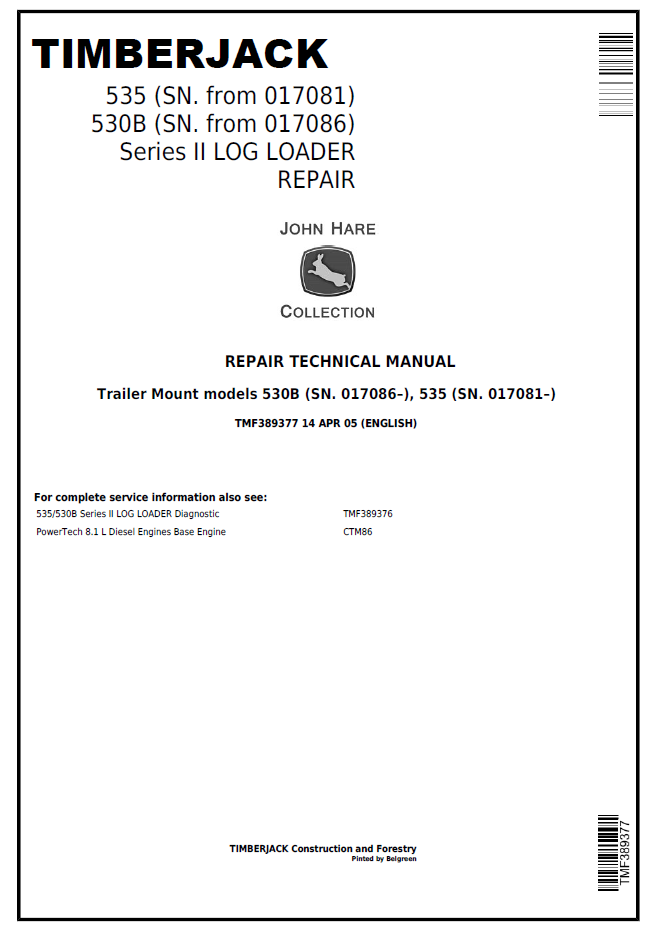 TMF389377 John Deere Timberjack 535 530B Series II Log Loader Manual