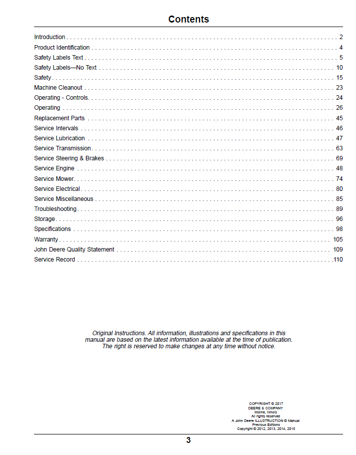User Manual for John Deere Z900B-Z900M-Z900R ZTrak Pro Series Gas Models
