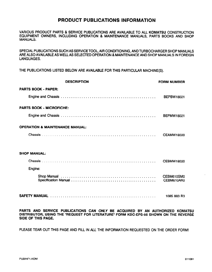 WA250-1LC Wheel Loader Repair Manual CEBDW18020