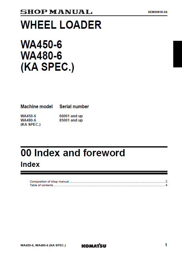 WA450-6 WA480-6 Wheel Loader Shop Manual SEN00809-04D PDF