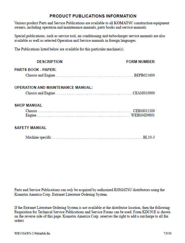 WB150AWS-2N Komatsu Shop Repair Manual CEBD011300