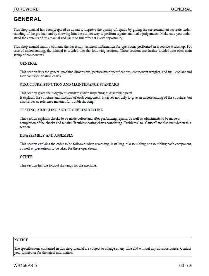 WB156PS-5 Backhoe Loader Shop Manual CEBM001505 PDF